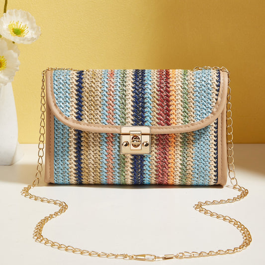 Geweven regenboog mode crossbody tas met vierkante ketting
