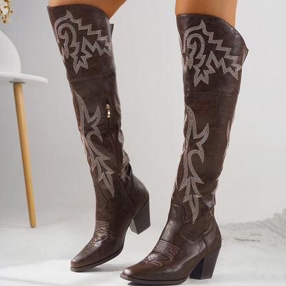 Western denim overknee laarzen voor dames met rits aan de zijkant