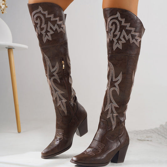 Western denim overknee laarzen voor dames met rits aan de zijkant