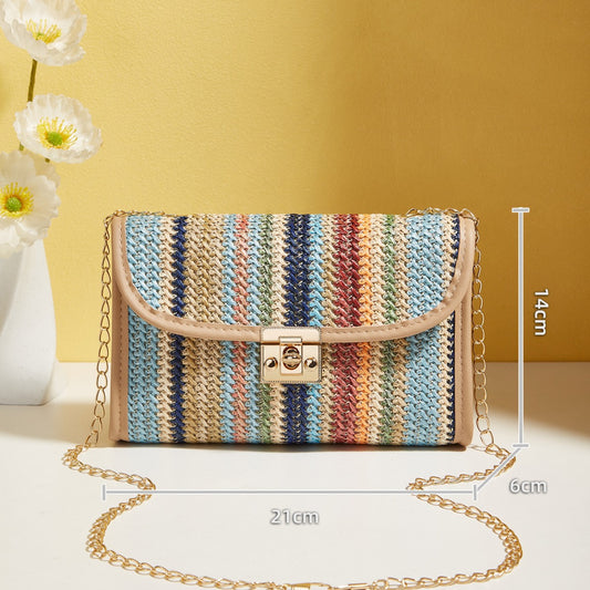 Geweven regenboog mode crossbody tas met vierkante ketting
