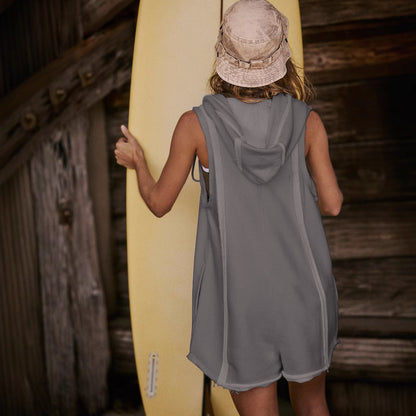 Women's Casual Sleeveless Short Half Loose Zip Hoodie