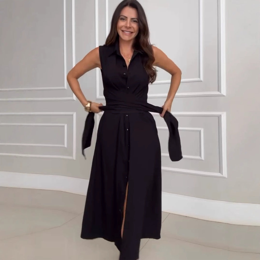 V-neck Sleeveless Solid Color Waist Tight Fake Two Pieces Dress