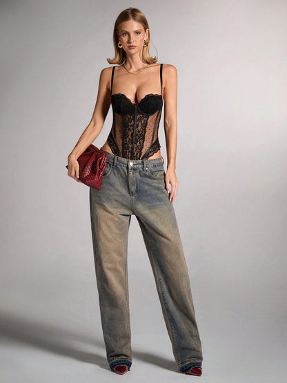 Pure Desire Wind Lace Floral Border Mesh Polka Dot Low-cut Jumpsuit met stalen ring