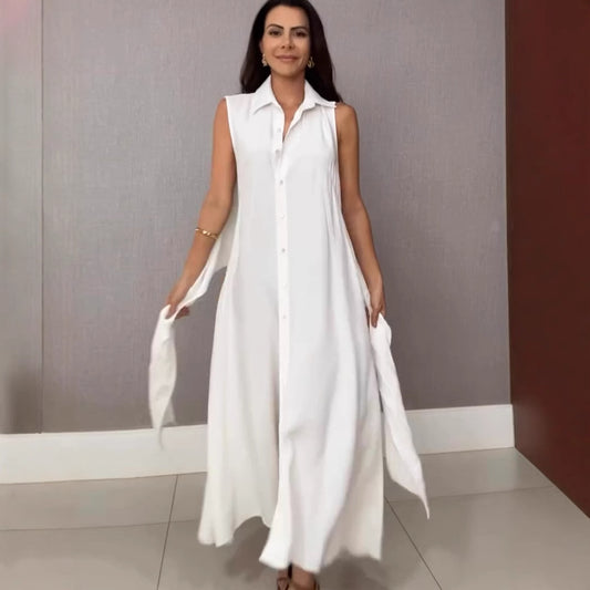 V-neck Sleeveless Solid Color Waist Tight Fake Two Pieces Dress