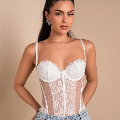 Pure Desire Wind Lace Floral Border Mesh Polka Dot Low-cut Jumpsuit met stalen ring