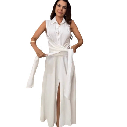 V-neck Sleeveless Solid Color Waist Tight Fake Two Pieces Dress