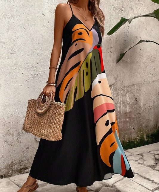 Women's Fashionable Colorful Leaf Printed Strappy Dress Maxi Women Outfit