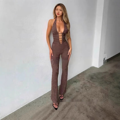Effen kleur kant holle-out semi-transparante halter trekkoord jumpsuit