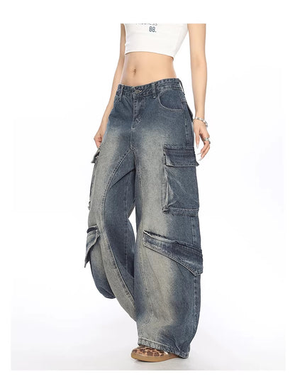 Gewassen multi-pocket denim match broek