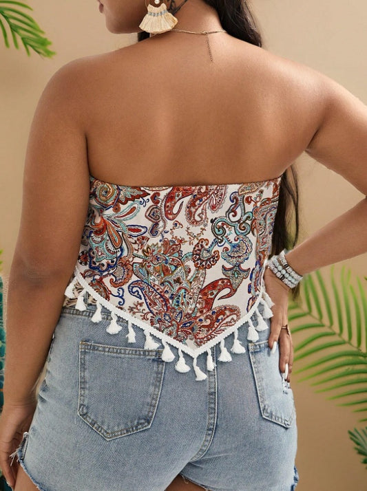 Plus Size  Print Tassel Trim  Summer Top