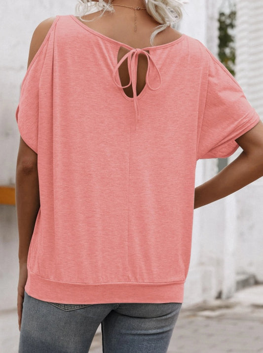 EMERY ROSE Solid Cold Shoulder Tie Back Top