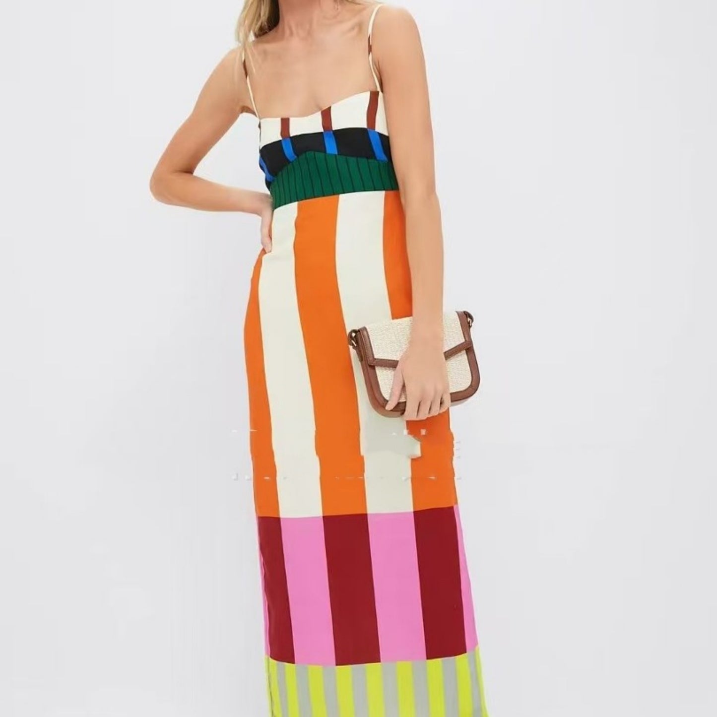 Dames gestreepte jurk met kleurblok, skinny split en jarretelrok