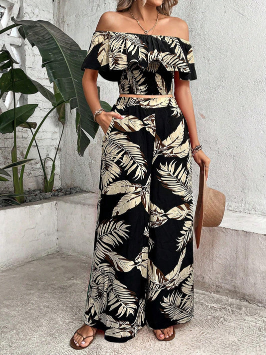 Ladies' Tropical Printed Off Shoulder Top With Lace Trim And Wide Leg Pants Set
