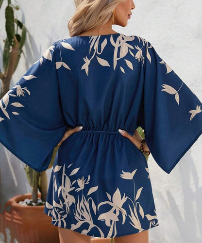 Women's Printed Batwing Sleeve Dress With Botanical Design