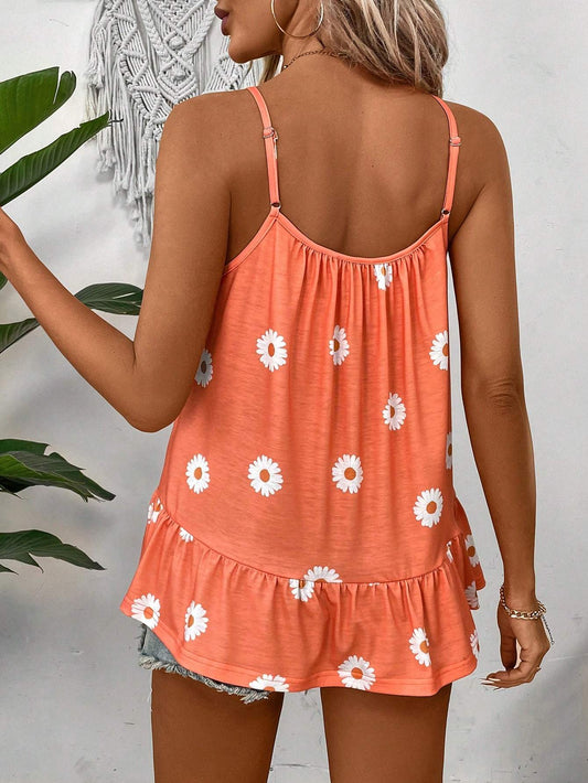 Women's Floral Printed Spaghetti Strap Cami Top, Suitable For Summer