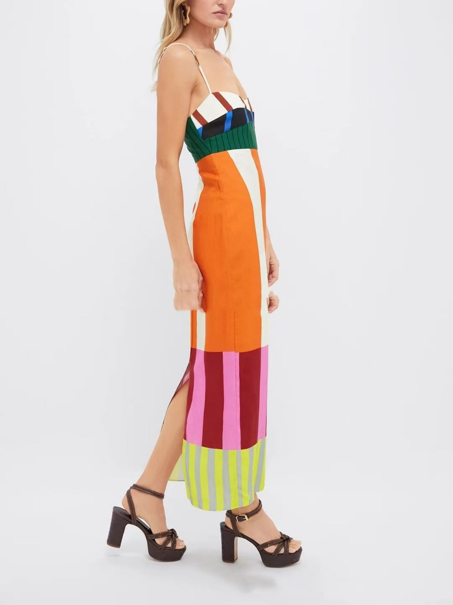 Dames gestreepte jurk met kleurblok, skinny split en jarretelrok