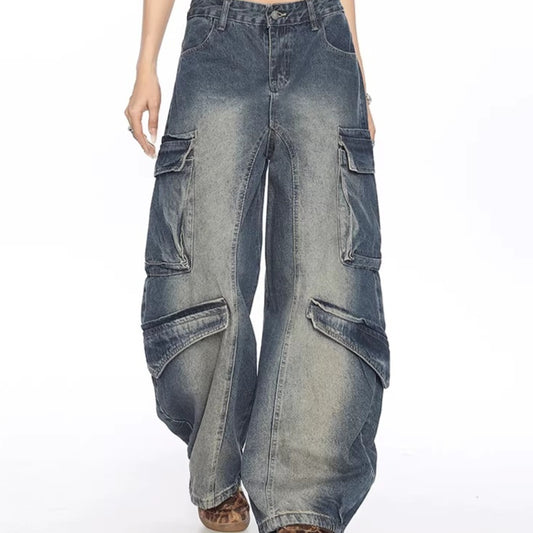 Washed Multi-pocket Denim Matchet Pants