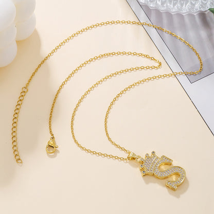 1PCS Fashionable Gold Diamond Crown Uppercase Letter Popular Pendant Necklace, Suitable For Daily Use, Festivals, Parties, Gifts Jewelry Set