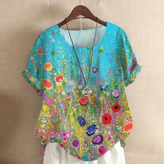 New Short-sleeved T-shirt Flower And Plant Painting 3D Digital Printing Top