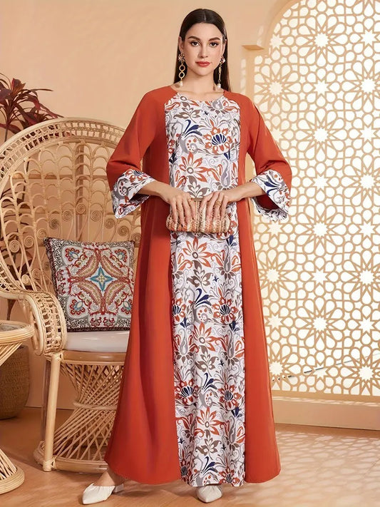 Elegante Abaya-jurk met lange mouwen en bloemenprint