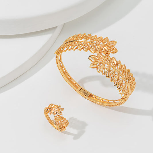 2cpsVintage Wheat Ear Leaf Gold Bracelet With An Open Ring, Worn By Women In Dubai, Africa For Daily Festivals, Wedding Accessories