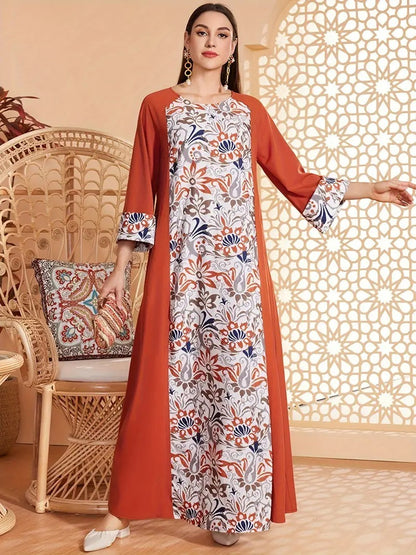 Elegante Abaya-jurk met lange mouwen en bloemenprint